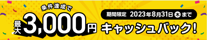 8月31日までの条件達成で3,000円キャッシュバックします